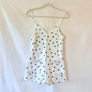 ILLA ILLA White Mini Romper with Black Palm Tree Pattern and Pockets